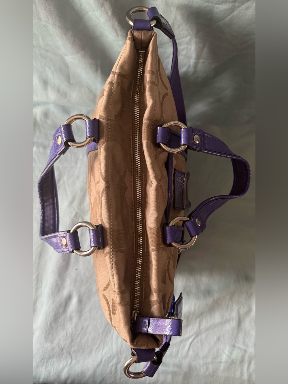 Coach F20101 Poppy Khaki and Purple Signature C Jacquard Canvas Satchel/Tote - Picture 6 of 15